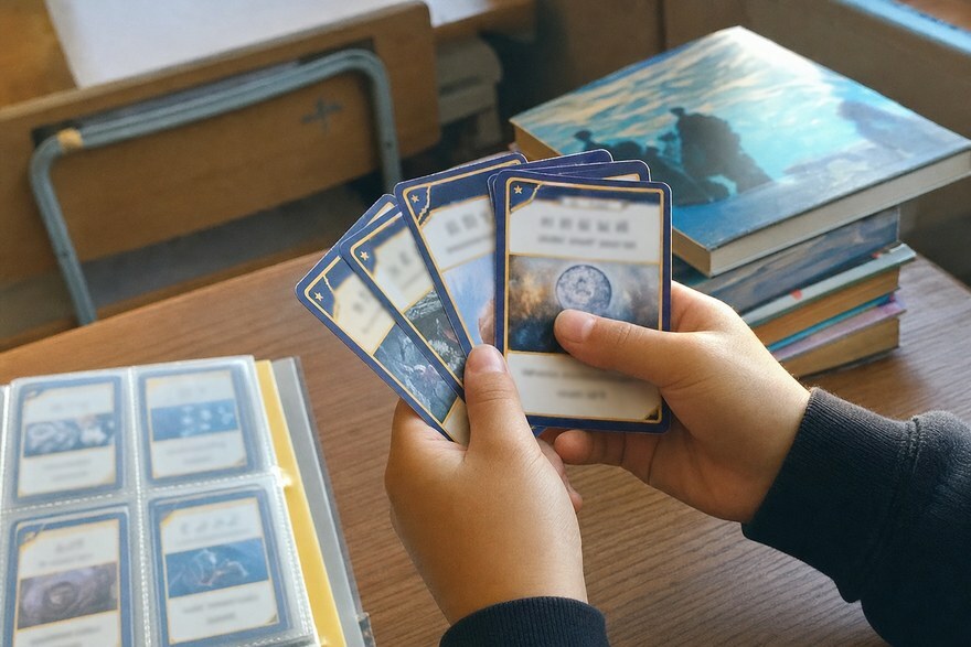 ことばカードを手に集める子どもの手元