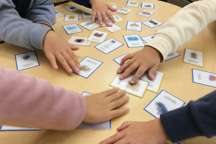 ことばカードでカルタ遊びをする子どもたちの手元