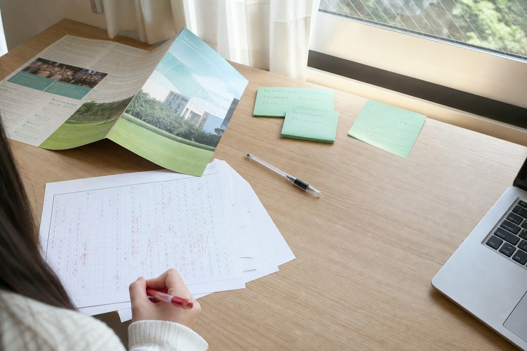 志望理由書のラフ原稿に赤入れ、大学パンフレットとミントの付箋が並ぶ明るい学習机