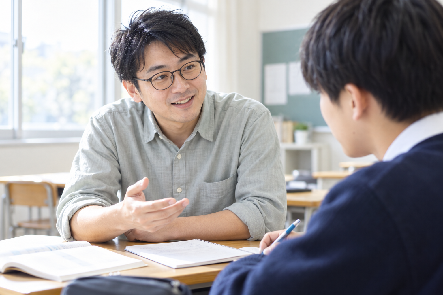 学習記録をもとに生徒の相談を聞く講師のイメージ