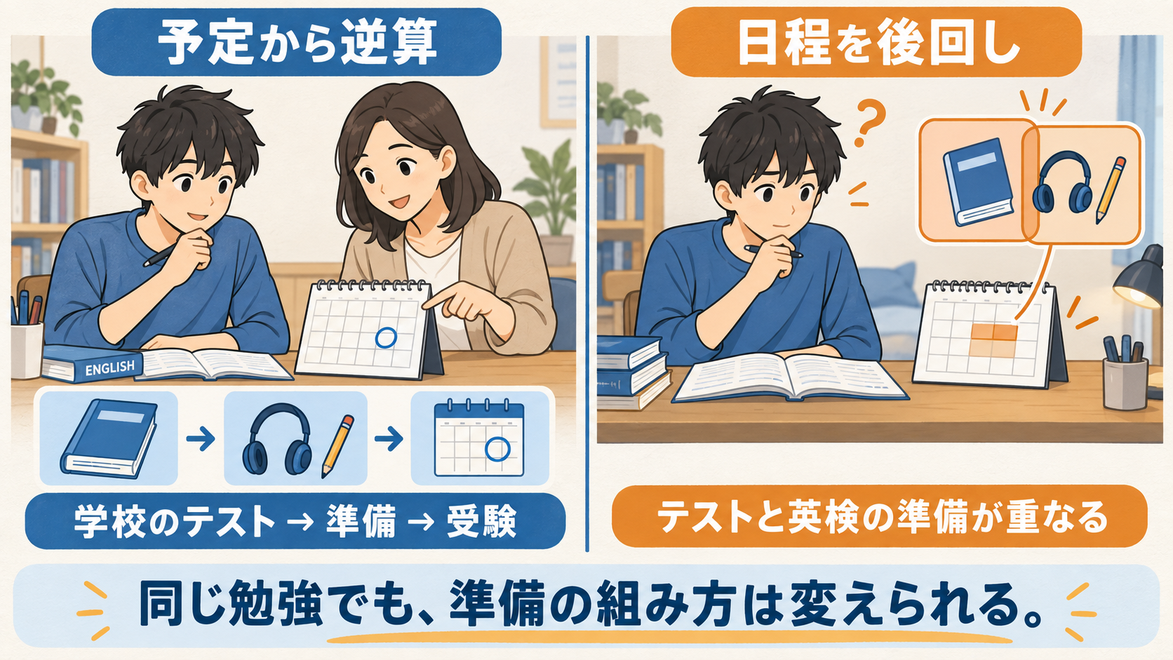 予定から逆算して準備する場合と、日程を後回しにしてテストと英検の準備が重なる場合の比較