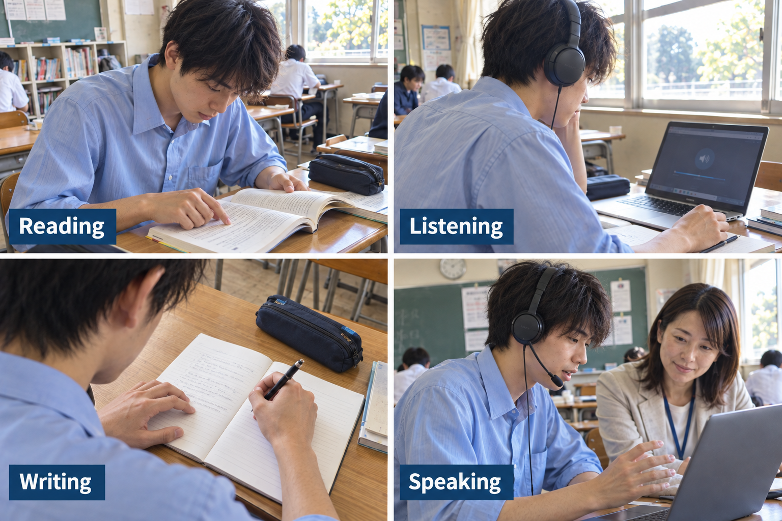 読む・聞く・書く・話す、英検4技能の学習場面のイメージ