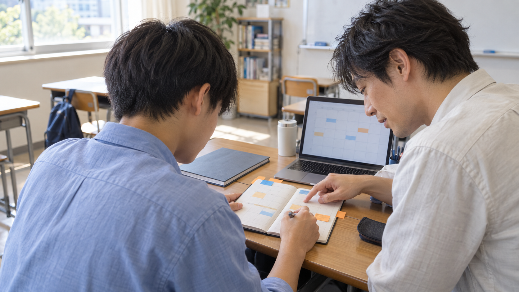 生徒と講師が予定表を見ながら、学校の予定と英検の受験時期を整理するイメージ