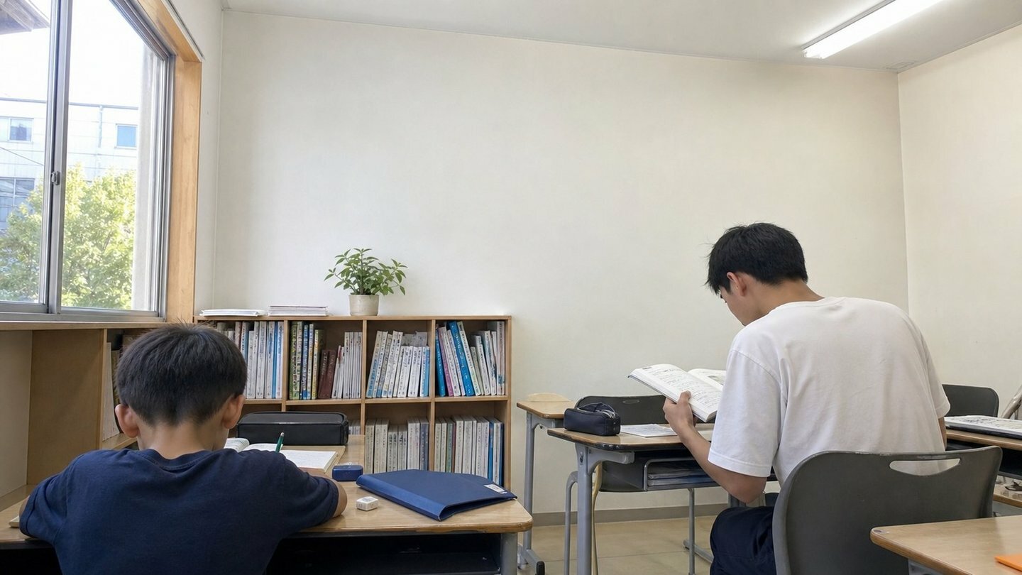 同じ教室で、手前に小学生・奥に高校生が学ぶ後ろ姿。世代をこえて学ぶ蓮根校の教室
