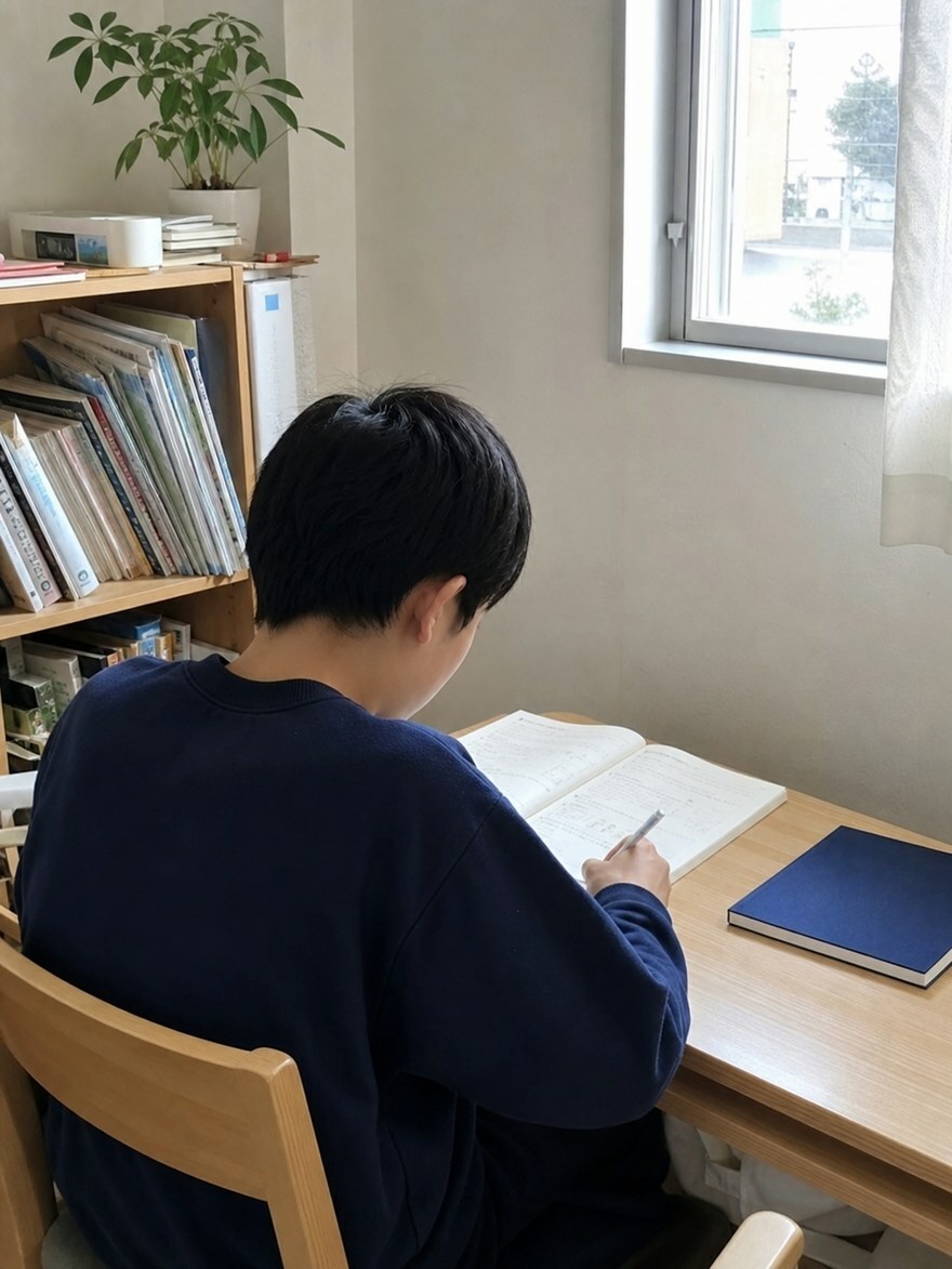 窓辺で集中して問題を解く自習の様子