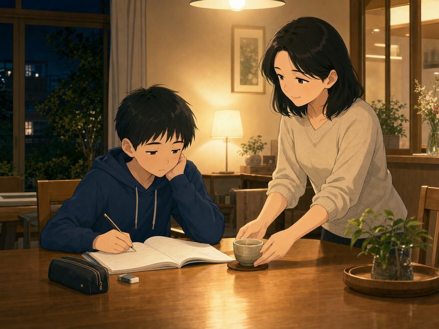 夜、塾帰りに机へ向かう我が子と母