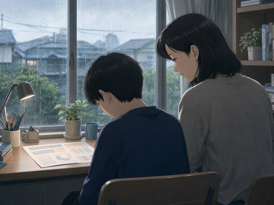 模試がうまくいかず、雨の日に寄り添う母子