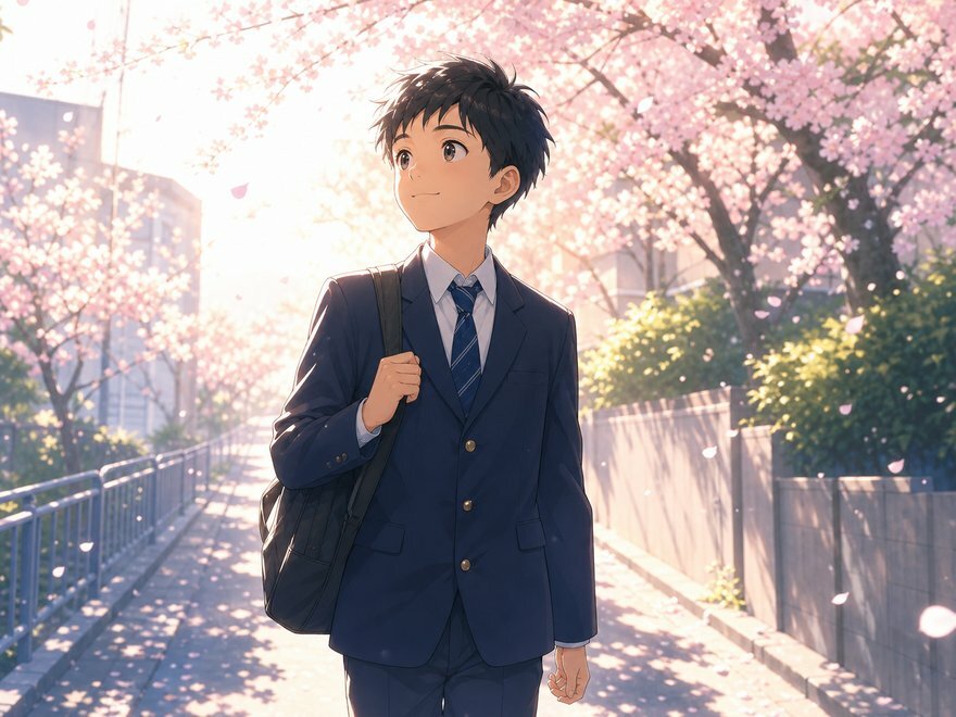 真新しい制服で春の通学路を歩く我が子