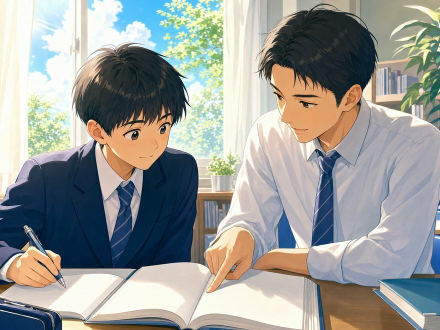 夏、塾で講師と学校の教材を一緒に遡る
