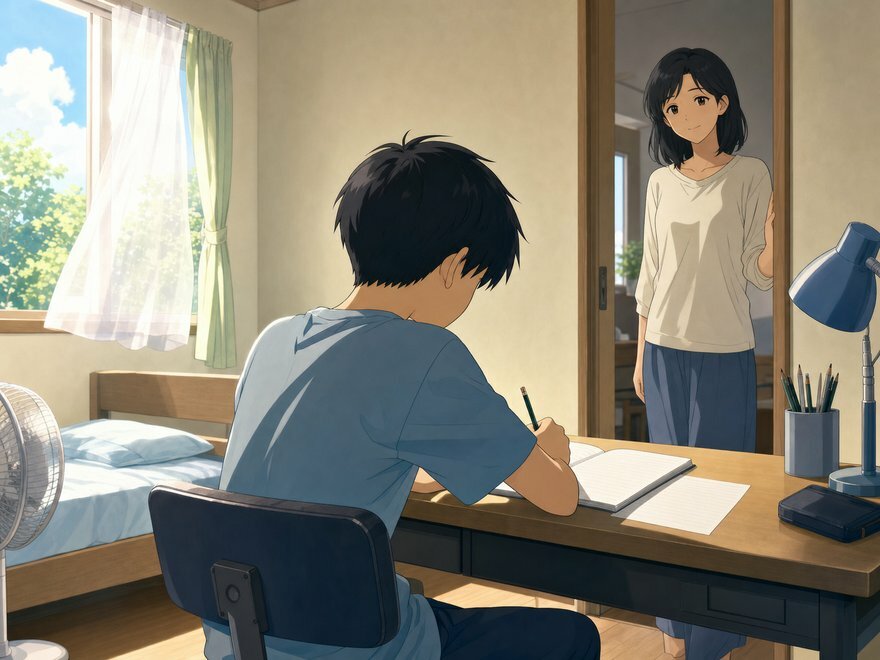 夏、自室の机に向かう我が子を戸口で見守る母